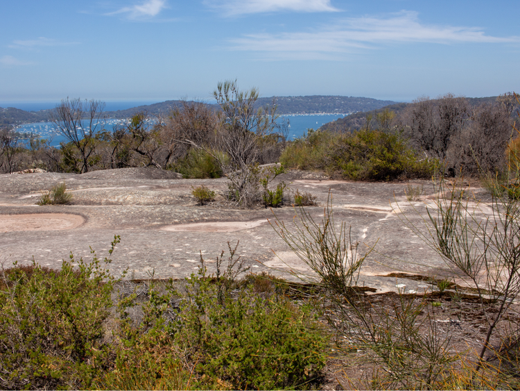 Vista across an Aboriginal engraving site looking towards Pittwater and the Pacific Ocean beyond